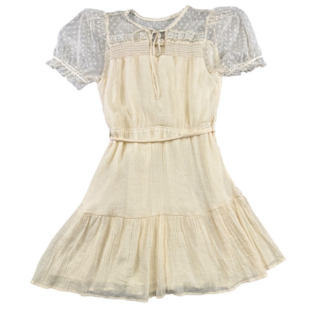 Sweet Wanderer Cream Swiss Dot Mesh Puff Sleeve Smocked Tiered Mini Dress L